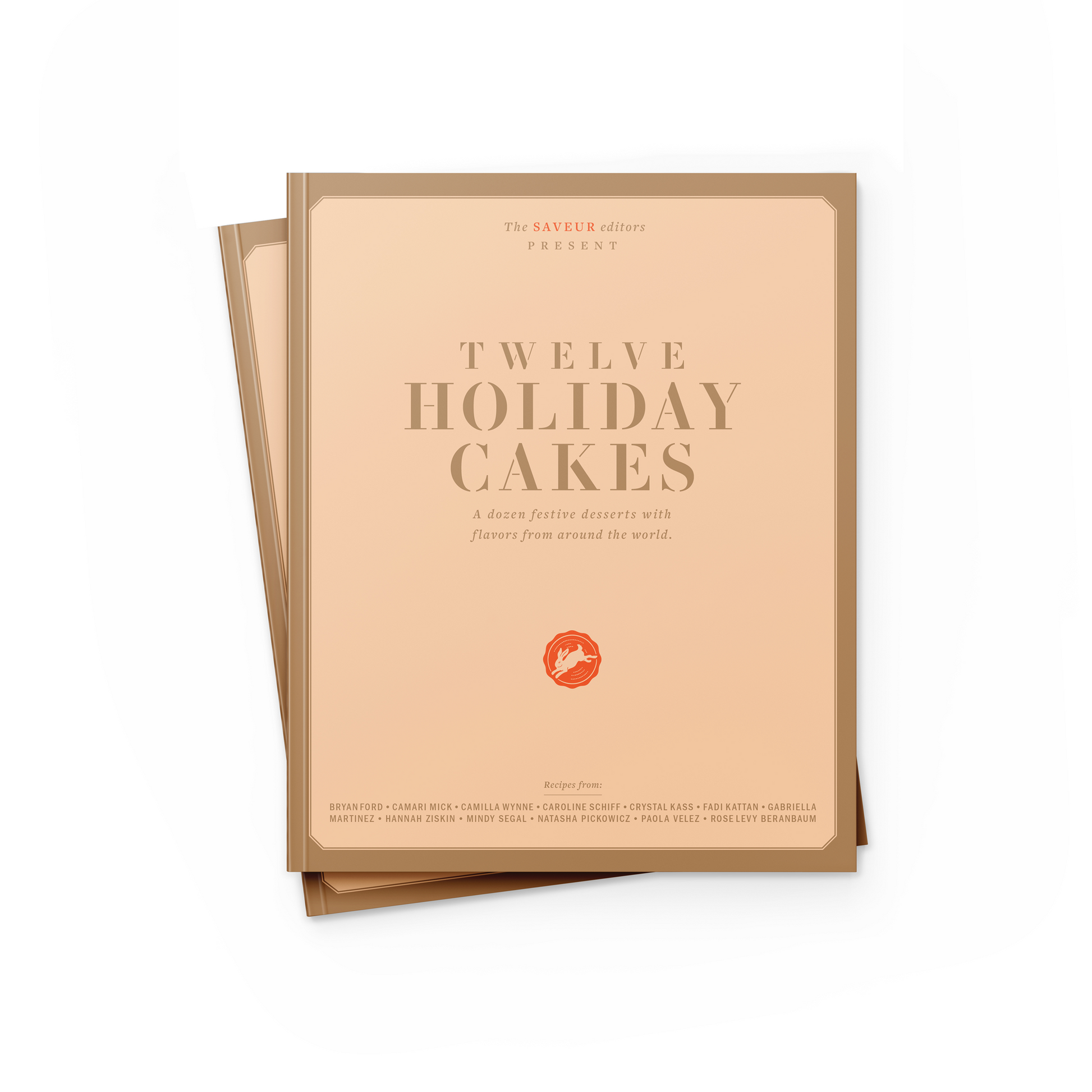 Stack of The SAVEUR Editors Present: 12 Holiday Cakes books, on white background